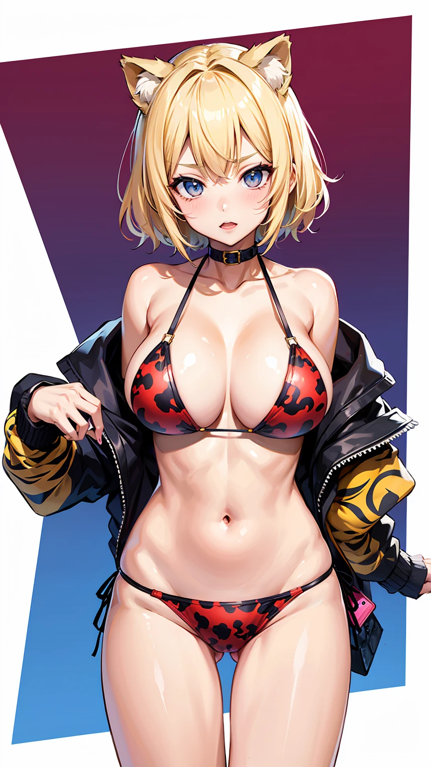 Blonde And Short hair , bikini Tanlines, gyaru girl , , panther print bikini, huge chest , tomboy girl