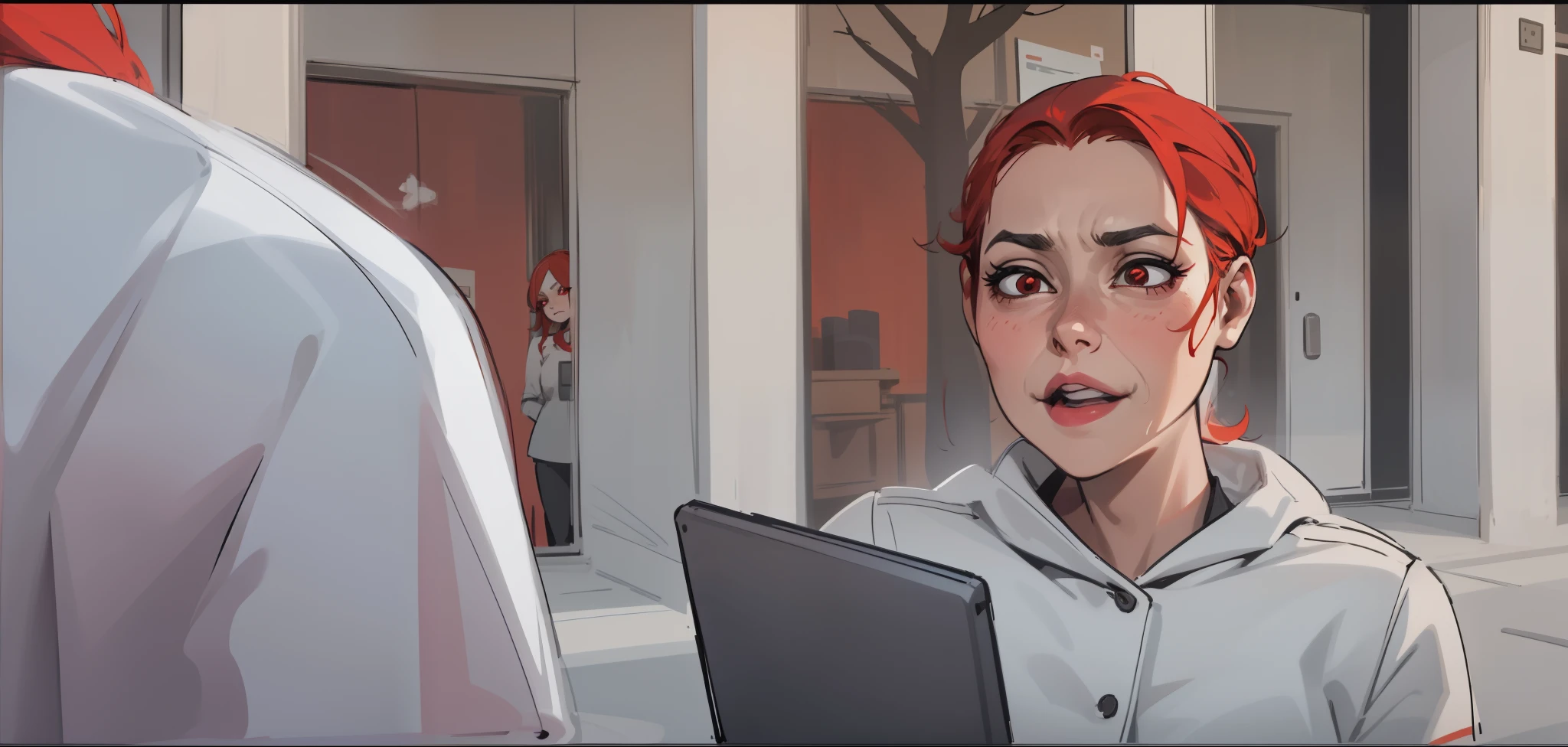 There is a 35-year-old woman, she is looking ironically, she speaks with contempt, she has red hair and red eyes.