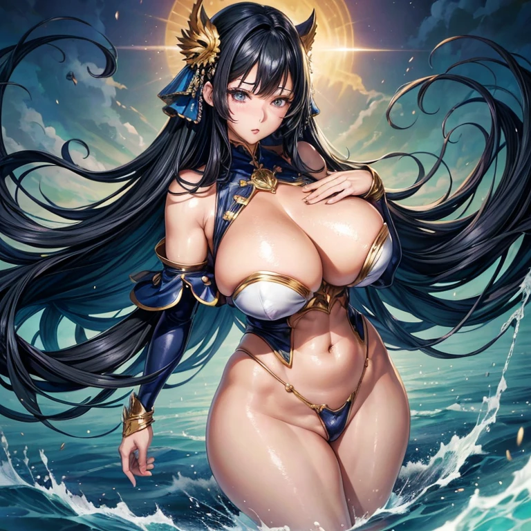 Female manga character with an extravagant hentai design, extraordinarily large breasts that overflow from her low-cut top, hips that are equally voluminous, and a big, glistening lip. Her hands are casually placed on her generous chest, drawing attention to her ample endowment.
(Masterpiece: 1.0), (Best quality: 1.0), ultra-high resolution: 3840x2160, ultra-detailed, photography, HDR lighting, high dynamic range, absent: 1.2, Kodak Portra 400 film stock, film grain texture, exceptionally sharp focus, boke