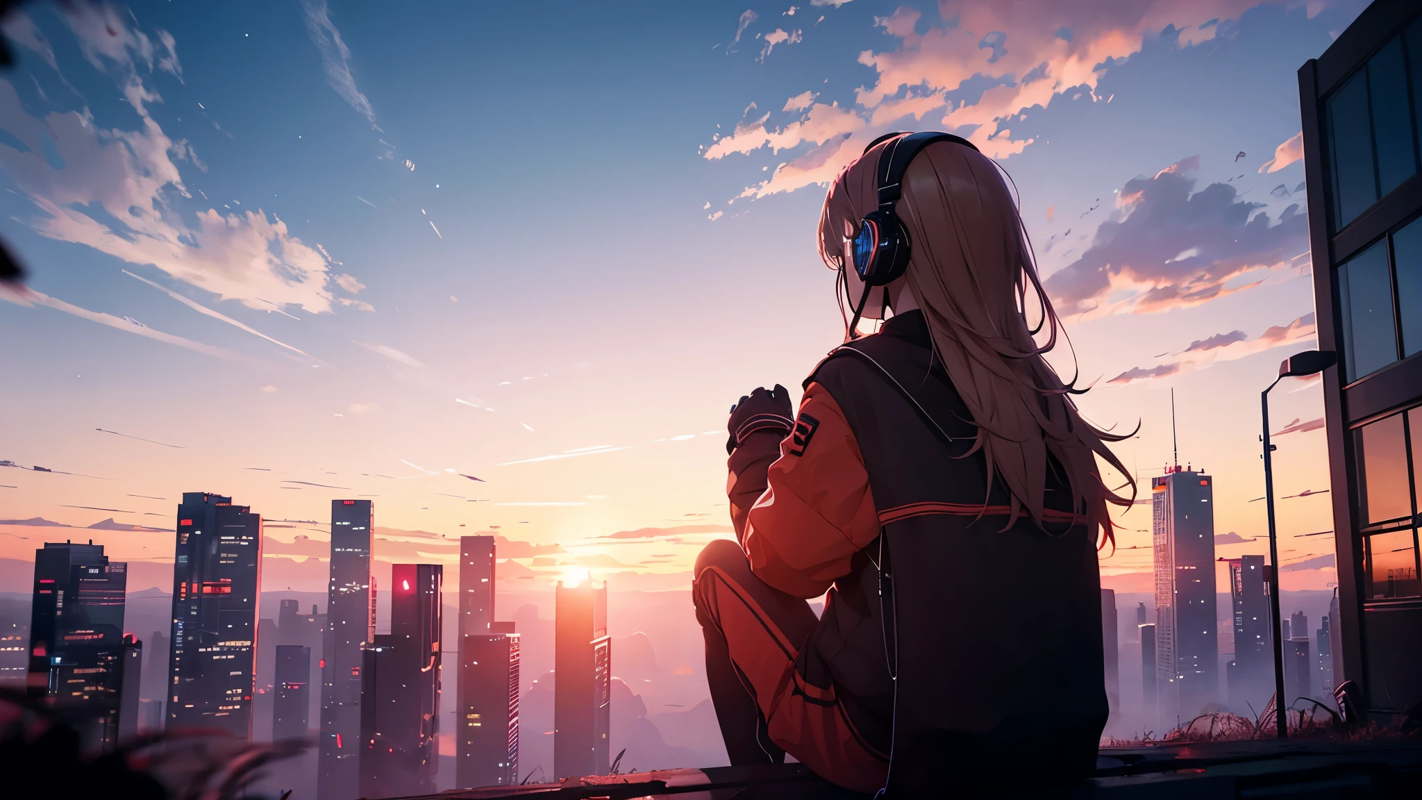 octane, red sunset, star (null), scenery, starnull, night, Back view、Blonde、1 girl,silhouette, Wearing headphones,nightnull, alone, outdoors, building, cloud, milky way, Seated,Looking up at the null, wood, long hair, city, scape,