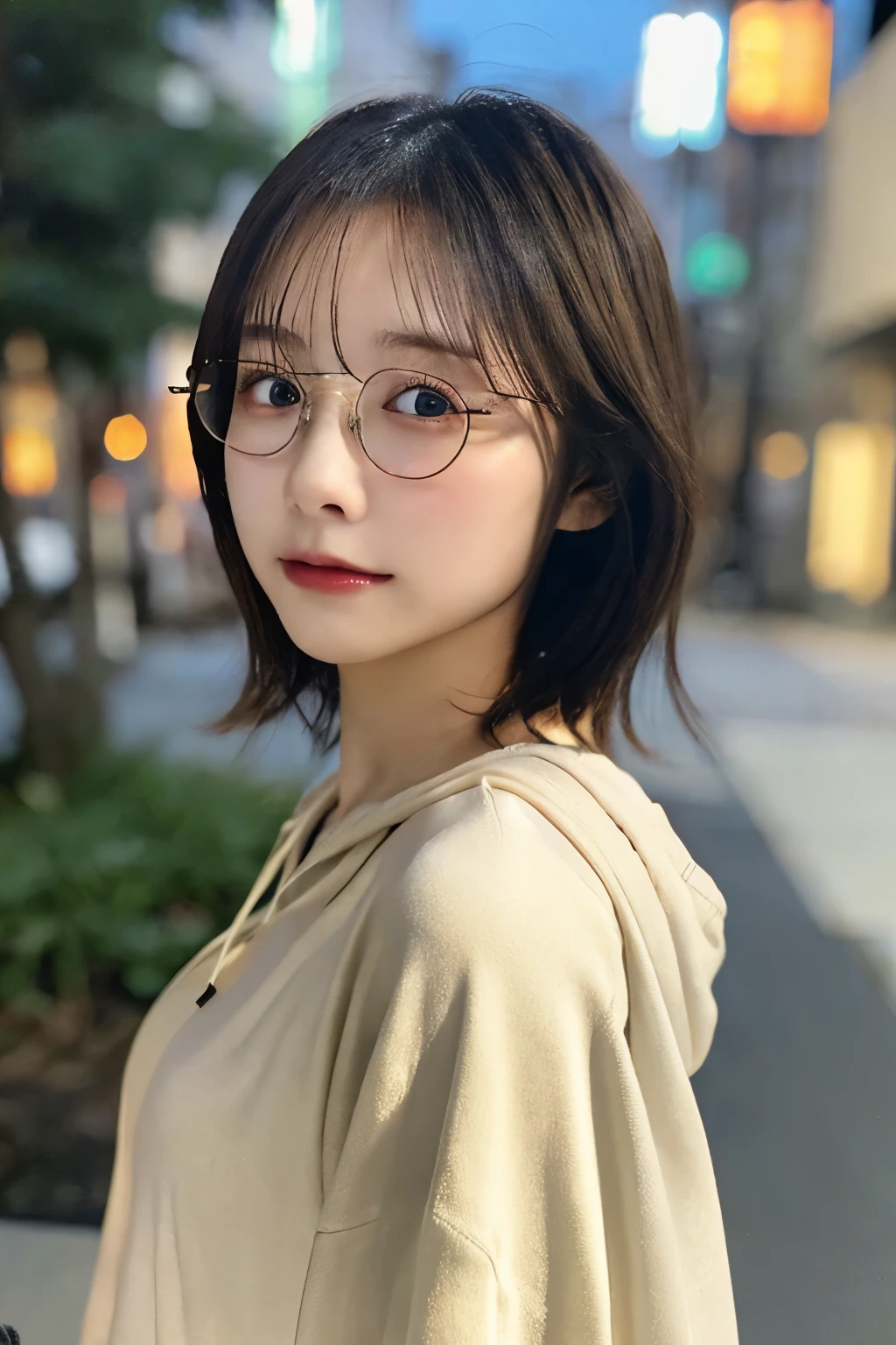 (highest quality,masterpiece:1.3,超A high resolution,),(Very detailed,Caustics),(Realistic:1.4,RAW shooting,)Ultra-Realistic Capture,Very detailed,High resolution 16K suitable for human skin、 Natural skin texture、、Skin tone is even and healthy looking、 Use natural light and color,One Woman,Japanese,,cute,short hair,(Written boundary depth、chromatic aberration、、Wide range of lighting、Natural Shading、)、(Outdoor lighting at night:1.4)、(Hair swaying in the wind:1)、（Exposure:3.0）、Oversized hoodie、cap、Large round glasses