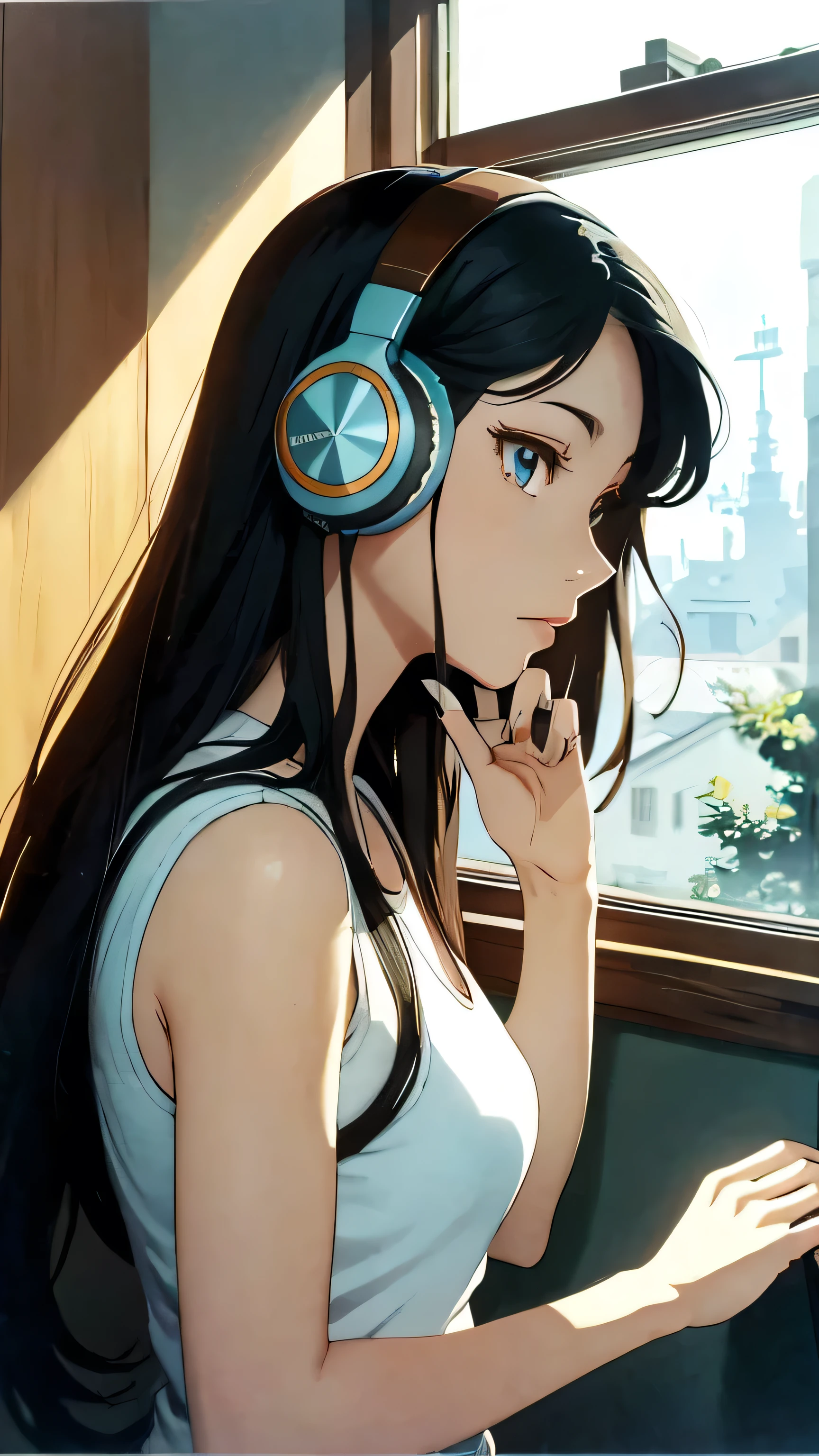 Ghibli style,pretty girl, Sexy Eyes, Sexy Face, 70's style, Headphones, Beautiful profile looking out the window, Black nails, Manicure, Correct finger, Five fingers, Clean nails