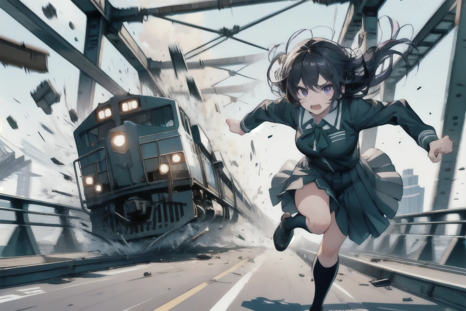 masterpiece,best quality,highly detailed,1girl,solo,serious,v-shaped eyebrows,sweat,sweatdrop,clenched teeth,
takina inoue,purple eyes,black hair,long hair,lycoris uniform,green ribbon,long sleeves,two-tone dress,pleated dress,collared shirt,kneehighs,
BREAK
fleeingBridge,fleeing on bridge,bridge,breaking,crack,debris,destruction,fleeing,motion lines,motion blur,speed lines,running,railing,railroad tracks,train,