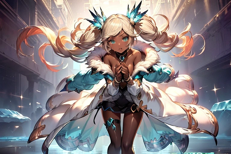 Iooiklas,Platinum Blonde Hair,Twin tails, hair ornaments, White Dress, Black knee socks,
Removable sleeves,Complex eyes,Beautiful fine details,Symmetrical eyes,Big eyes:1.5,Seductive eyes,
(((dark skin,dark_skin,lustrous skin:1.5,bright skin: 1.5,
skin tanned,shiny skin,very shiny skin,Shiny body,plastic glitter
skin,exaggerated shiny skin,illuminated skin))),
(,Detailed body,(Detailed face)), cute,Lewd,erotic,Bold,Camel toe revealing outfit,show skin,(((Sexy aqua fur coat, Aqua fur coat outfit,
wearing a Ice Dress:1.3,aqua 冬 coat))), ((Ice Dress,elegant Ice Dress)),
(White gloves,White clothes,(((Complex outfit,Complicated clothes,Embroidered costume,Glamorous costumes,Embroidered clothes,
Glamorous clothing))),skinsuit, Bodysuits, pantyhose,
High resolution,Sharp focus,(Super detailed,Very detailed),(Very detailed CG unity 8k wallpaper),
(((Vibrant colors))),Laughter,Open your mouth,leaning forward,
dynamic pose,whole body,