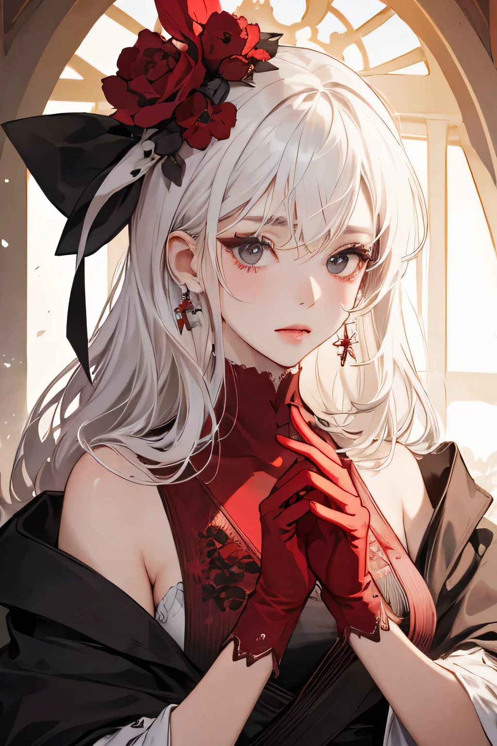 Empress, old girl, girl, 1 girl, beautyfull, elegant, shine, depicting Equal eyes, (A female god) Look at camera, depicting delicate facial features, red yunani romawi dress, red gloves, gothic style, ribbon, long curl white hair, extreme detail, delicate depiction, black eyes, royal, elegant, noble, royal dress, black eyes, black eyes, perfect eyes, jewerlly