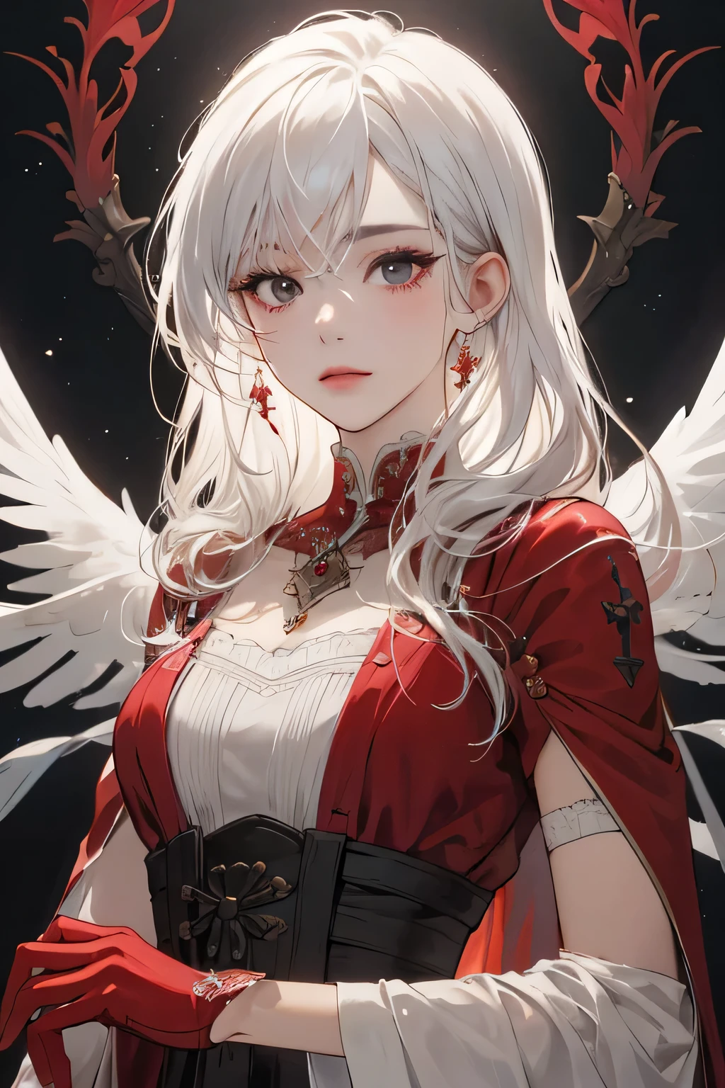 Empress, old girl, girl, 1 girl, beautyfull, elegant, shine, depicting Equal eyes, (A female god) Look at camera, depicting delicate facial features, red yunani romawi dress, red gloves, gothic style, ribbon, long curl white hair, extreme detail, delicate depiction, black eyes, royal, elegant, noble, royal dress, black eyes, black eyes, perfect eyes, jewerlly