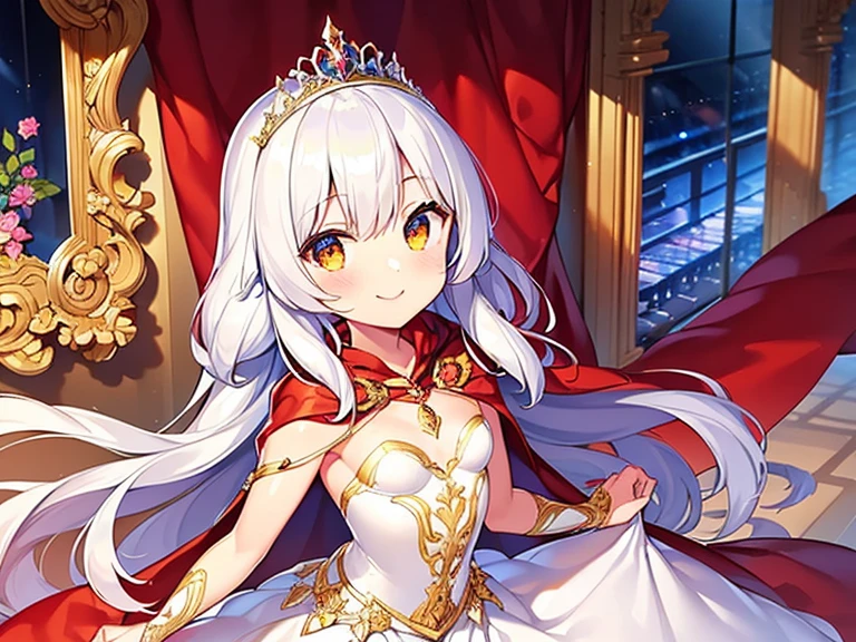 (kawaii),(best quality),(ultra detailed), upper body,(rococo style),(long train red cape:1.15), very long cape,(long train white ball gown with flower decorations), a girl is wearing a cape over her gown, 1 little princess, tiara , smile, very long hair, small breasts