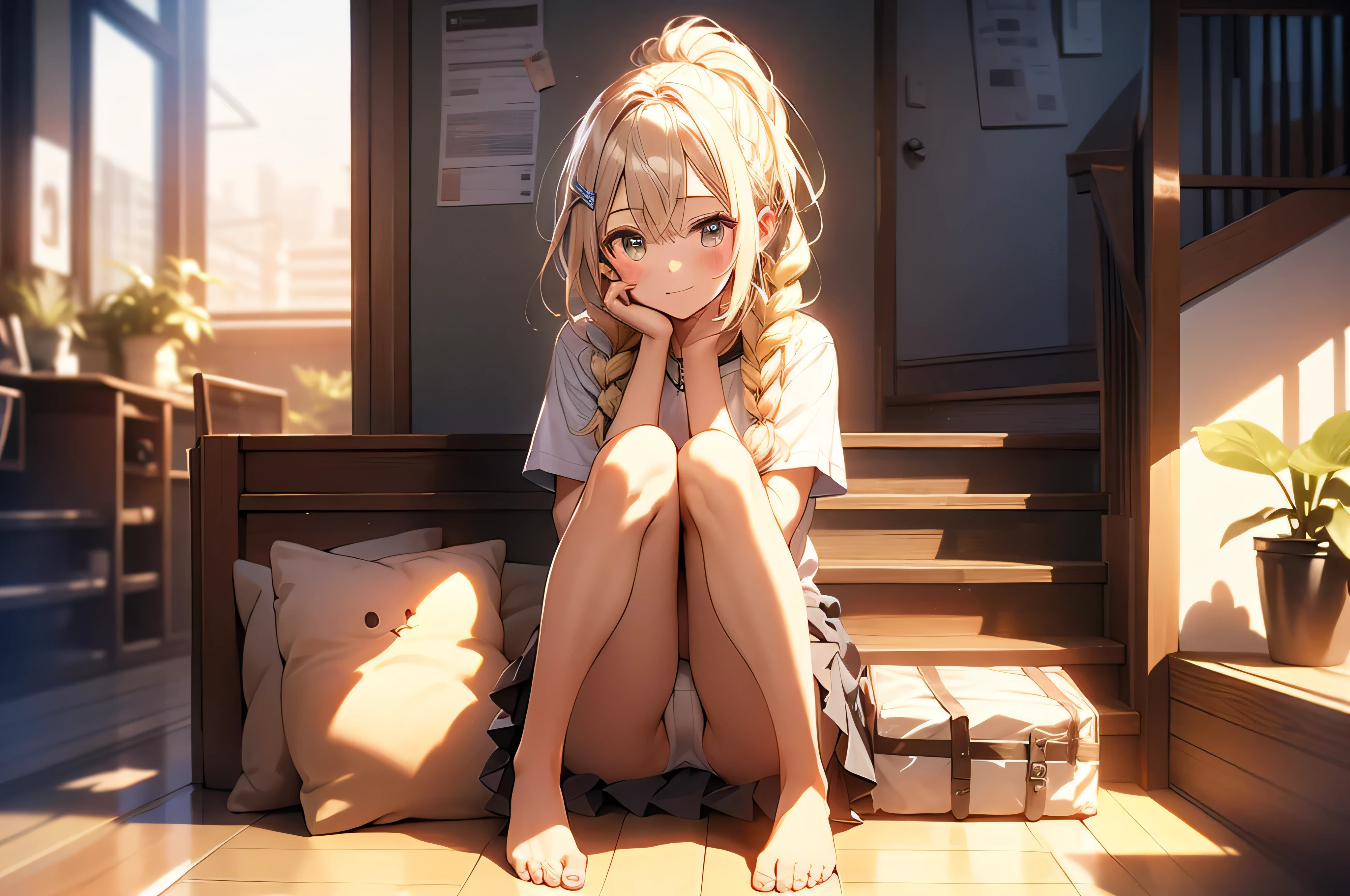 In 8K、highest quality、masterpiece、Ultra-detailed、Ultra-high resolution、((1 person))、With a girl、uniform、ponytail、Blonde、Braided hair、compensate、Checked mini skirt、Home、Sitting on the floor、White panties、(barefoot)
