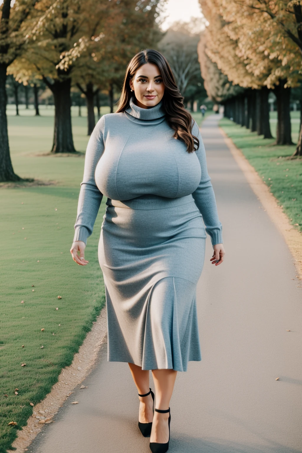 fine art portrait of a very elegant 30yo lady, a little chubby, walking in the park, highest quality, sexy face high resolution, Eleonora Pavinat 30yo woman, wearing a knitted turtleneck sweater, very long skirt, high heels, woman with (extremely huge breasts:1.4), (medium belly), extremely beautiful lady