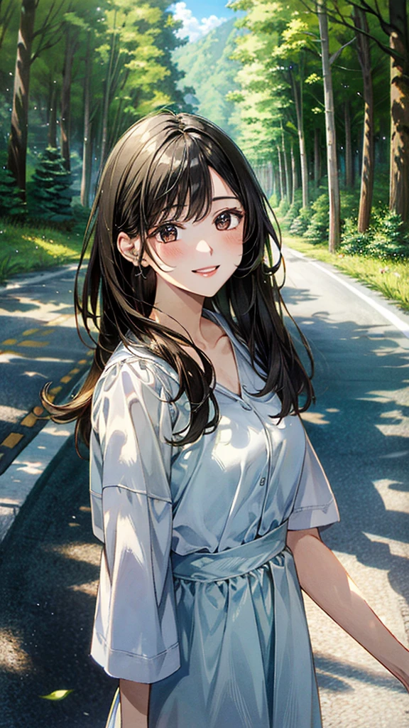 Masterpiece、High definition、high quality、young woman、smile、Beautiful Lips、Forest road、Summer clothes