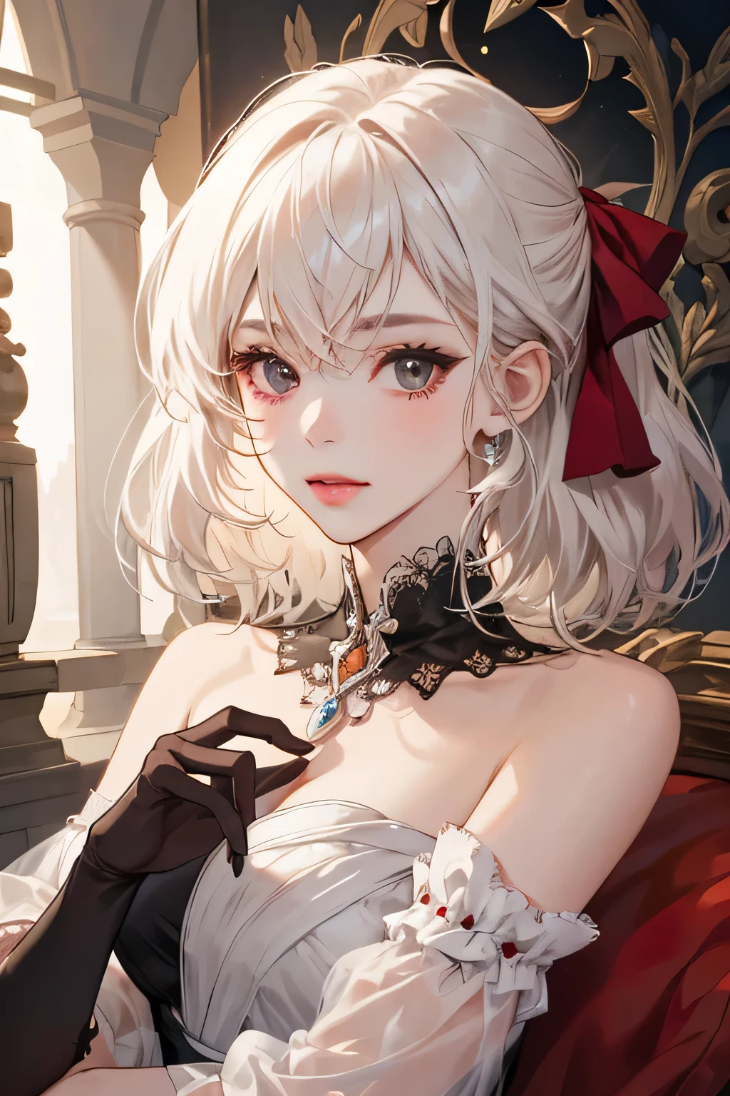 Empress, old girl, girl, 1 girl, beautyfull, elegant, shine, depicting Equal eyes, (A female god) Look at camera, depicting delicate facial features, red yunani romawi dress, red gloves, gothic style, ribbon, short curl white hair, extreme detail, delicate depiction, black eyes, royal, elegant, noble, royal dress, black eyes, black eyes, perfect eyes, jewerlly