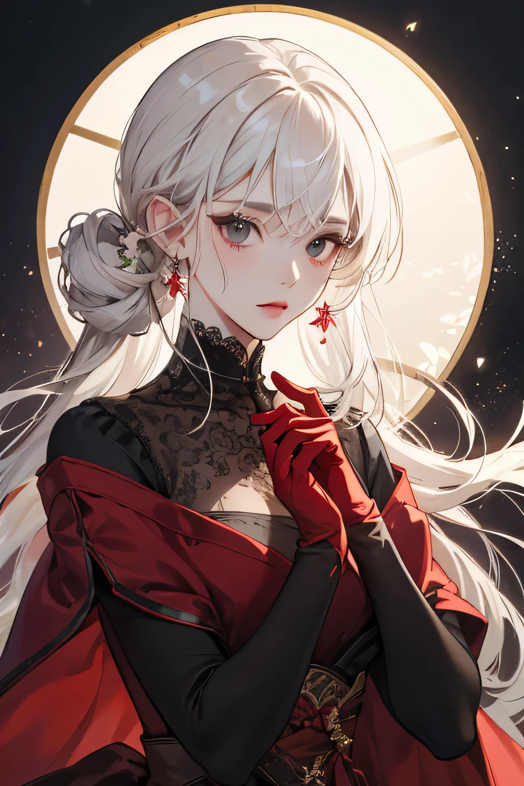 Empress, old girl, girl, 1 girl, beautyfull, elegant, shine, depicting Equal eyes, (A female god) Look at camera, depicting delicate facial features, red yunani romawi dress, red gloves, gothic style, ribbon, short curl white hair, extreme detail, delicate depiction, black eyes, royal, elegant, noble, royal dress, black eyes, black eyes, perfect eyes, jewerlly