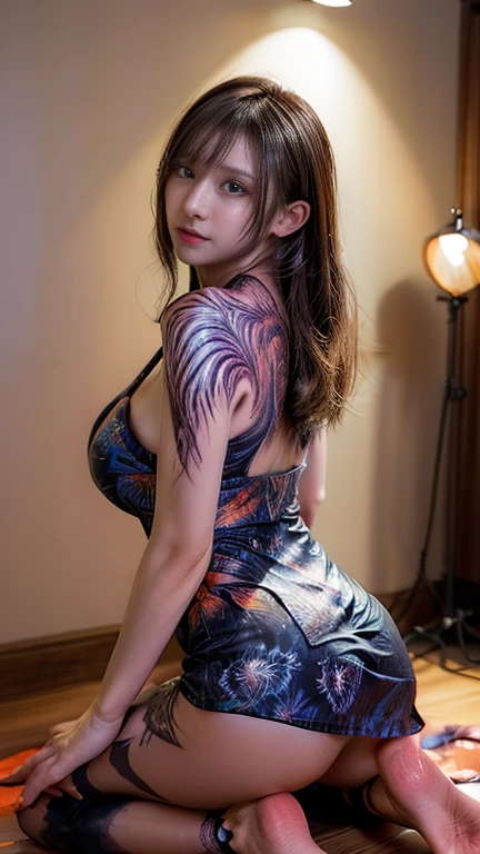 ((Realistic lighting, highest quality, 8k, masterpiece: 1.3)), Clear focus: 1.2, 1 female, Perfect body beauty: 1.4, Slim Abs: 1.1, ((Dark brown hair, Big Breasts: 1.3)), (Finished with body paint,transparentなダークブラウン,Phoenix Print Mandarin Dress:1.4),(From thigh to ankle々transparent), (Background Wildcard, Spotlight: 1.1),Body Paint Dresses, whole body, Long legs, A wall that appears to be painted white, Background Blur,Highly detailed face, Beautiful Eyes, double eyelid,Back pose,Skirt flip,Showing panties,Seductive pose、Crawling posture,Leaning forward,Cowgirl,Spread your legs