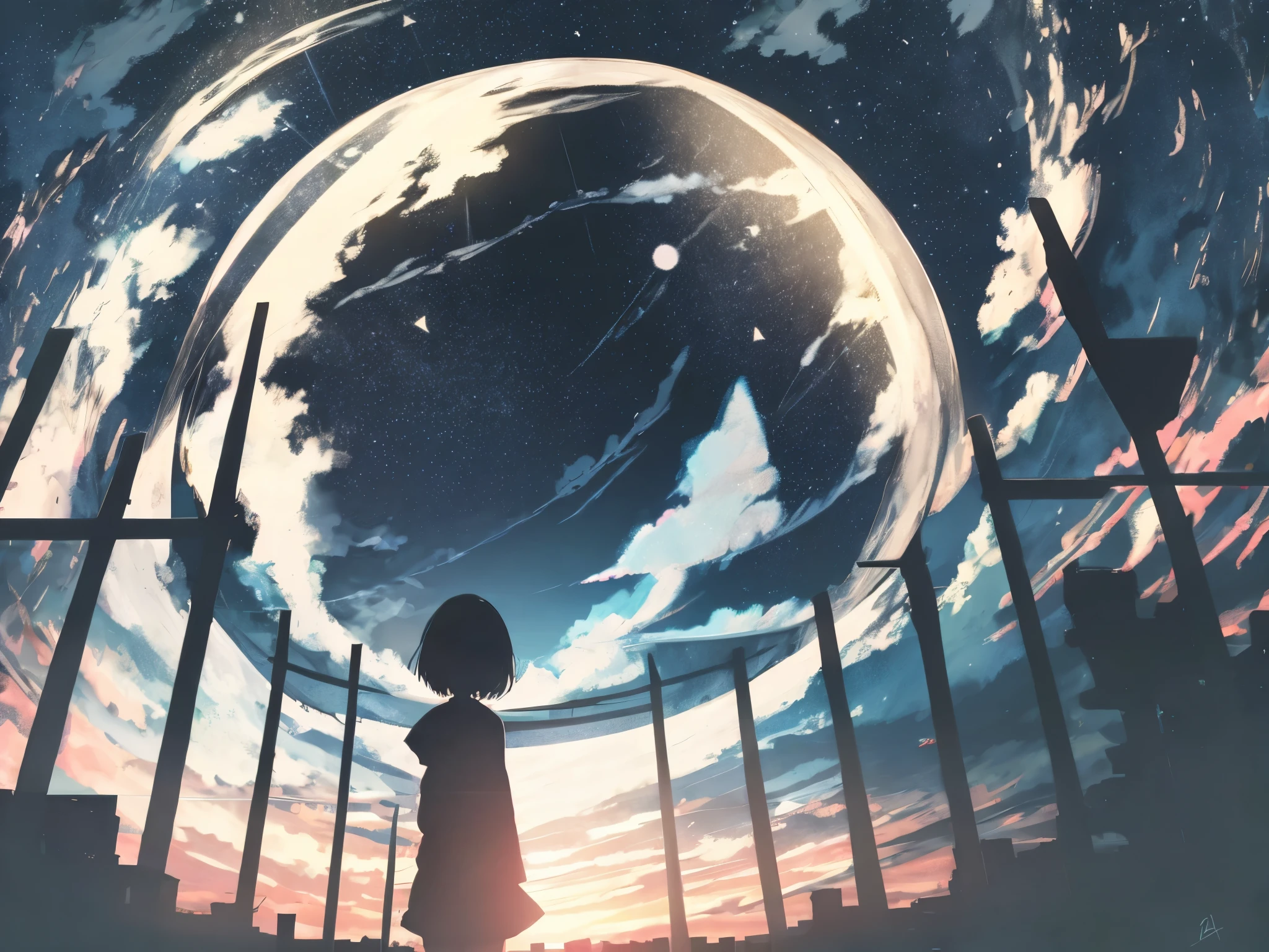 anime,silhouette,1girl, headphone、Back view、Blonde、Holding a microphone、singing、star (sky), cloud, cityscape, building, city, outdoors, skyscraper, city lights, night, night sky, sunset, skyline