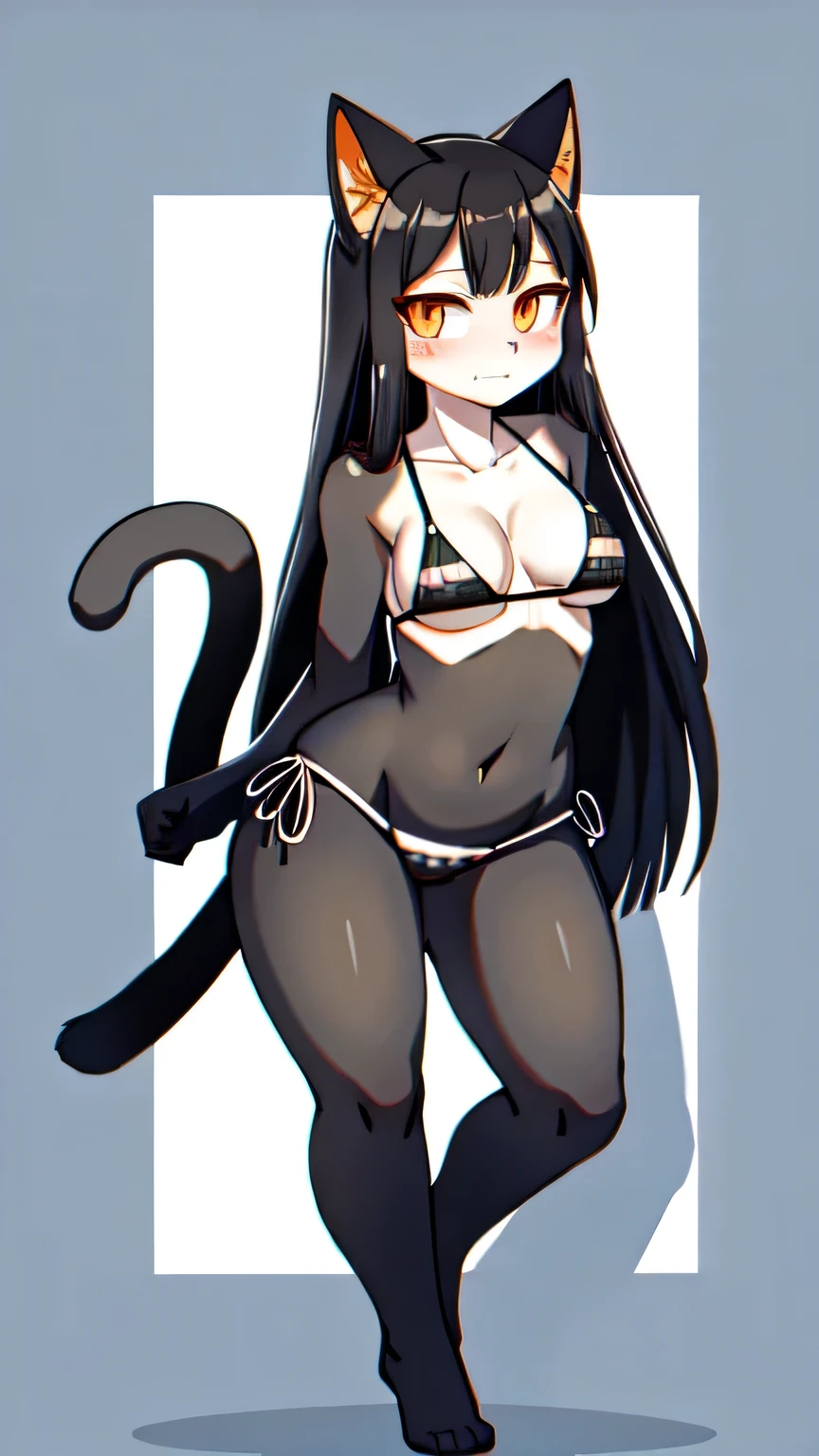 fur, (black fur),black cat, hayase nagatoro, in bikini, orange eyes, full body shot, curvy, cat tail
