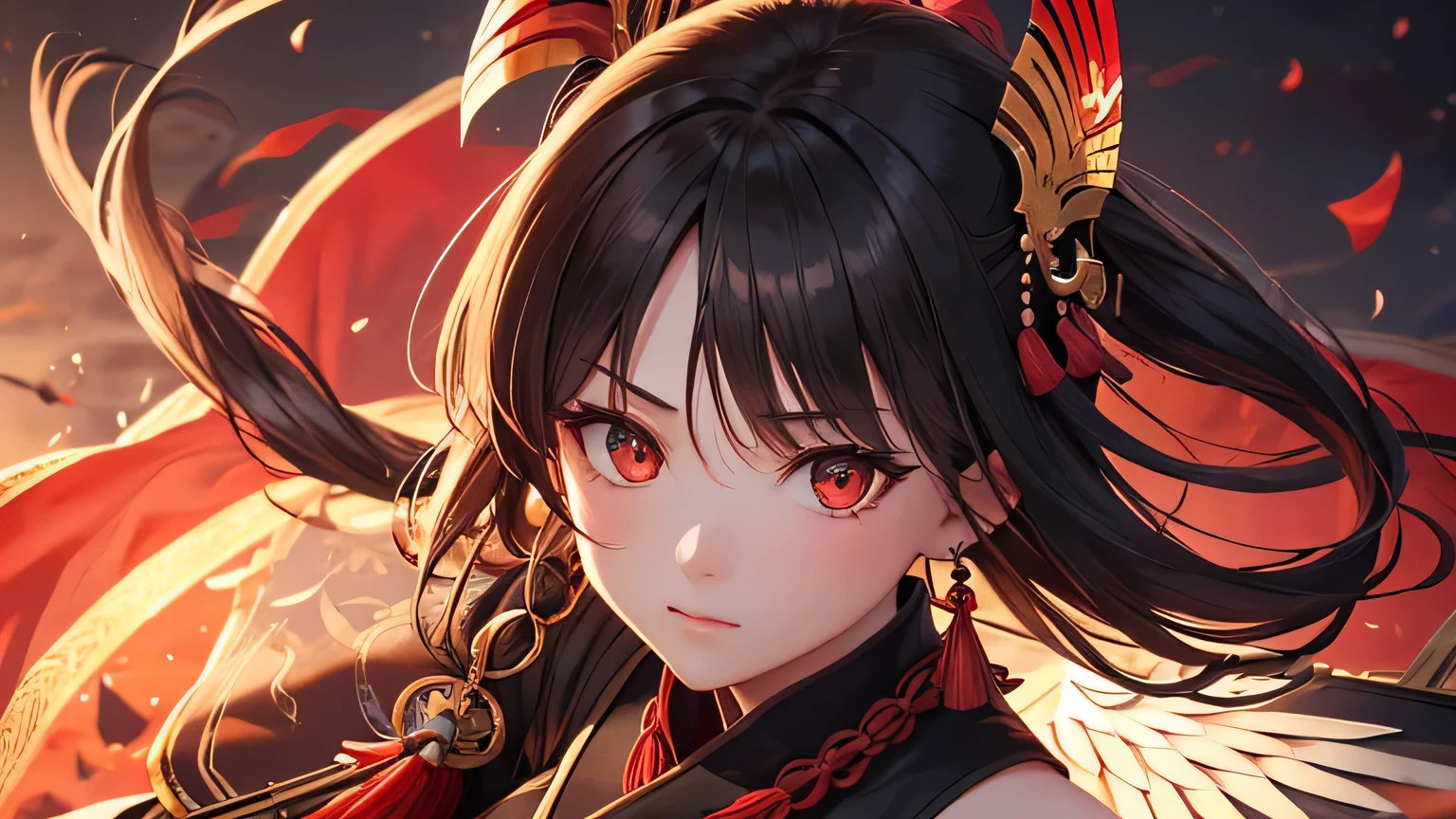 masterpiece, highest quality, Very detailed, CG illustration, High resolution, Better lighting, Best Shadow, Very delicate and beautiful, Proper shading, High resolution, 8k, Ray Tracing, Highly detailed and crisp backgrounds, Perfect lighting, Anime Style, game「Magic Swordsman」Inspired by: House of Ruby (Tengu, Winged Mountain God, Aggressive, Red and white colors), strength, Samurai Punk, alone, 1 female, Black Hair, Red eyes,  Adult, Obi tassel,