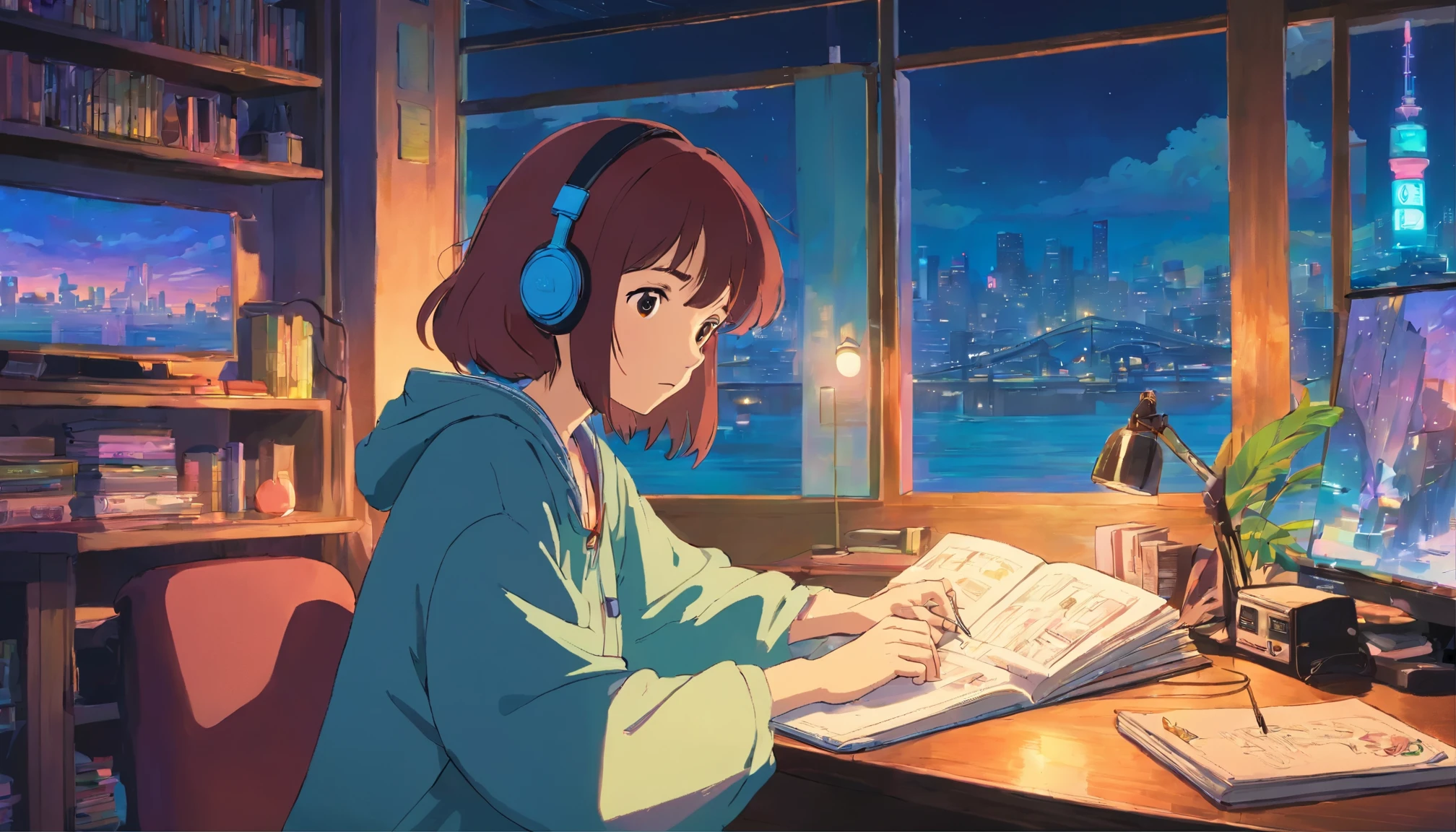 Anime girl working late into the night。inside the room、Immersed in a book with headphones on、I am studying hard at my desk。The room is dimly lit、From the window you can see the rainy neon cityscape。The artwork is based on the theme of analogue colours.、Accompanied by a lo-fi hip-hop soundtrack。The bold strokes are reminiscent of ink paintings, creating a flat 2.Adopting 5D animation style、Evokes a sense of introspection。The soft watercolor-like colors characteristic of gouache colors、It gives the scene a Studio Ghibli-inspired vibrancy.。Uses outer tones and synthwave elements to enhance the atmosphere、Textured details evoke a nostalgic '90s vibe。There is a smartphone on the table、Projecting a futuristic SF cityscape、16 high quality images with a lo-fi aesthetic:Complete your 9th scale anime artwork。