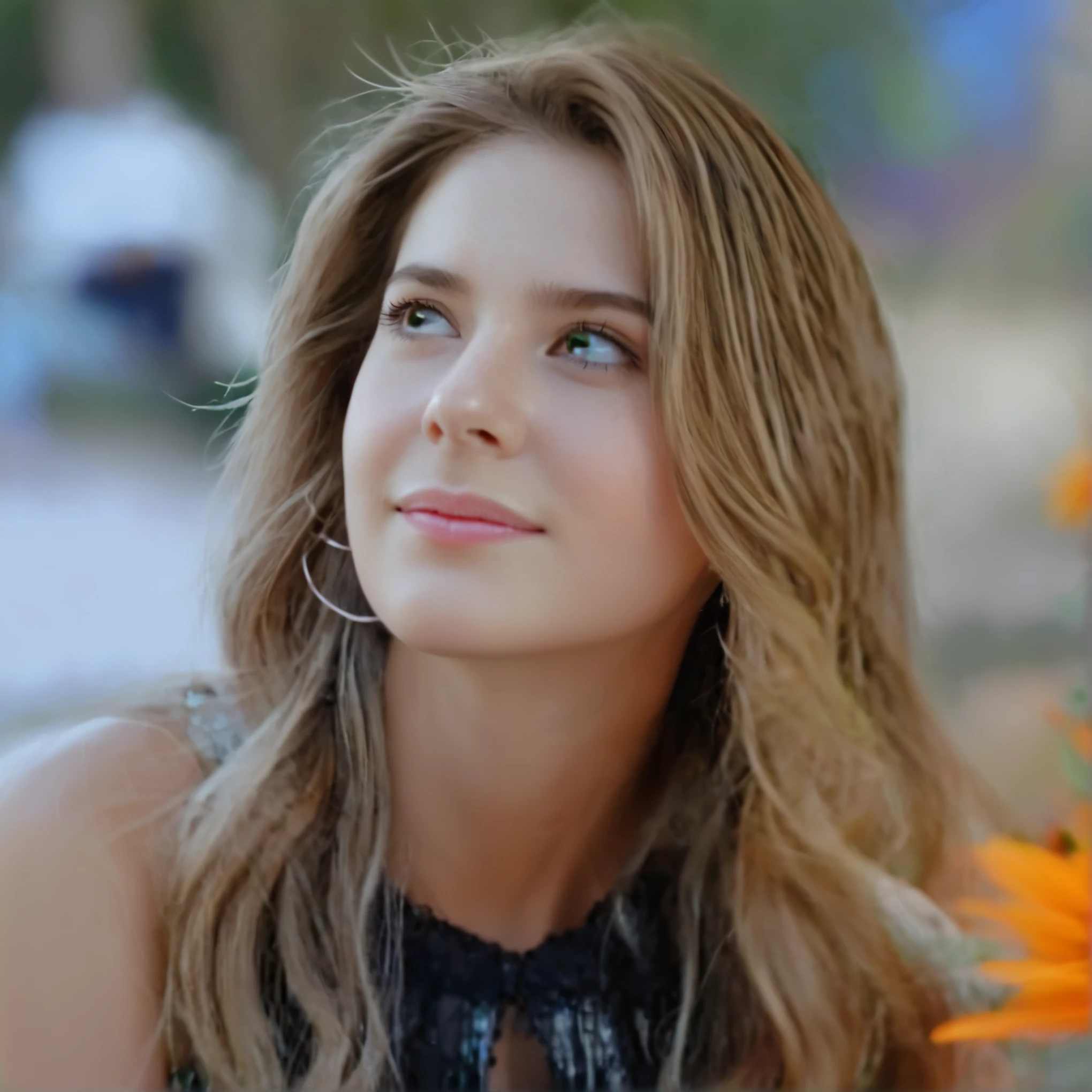 (best quality,4k,highres,masterpiece:1.2),extremely detailed,brown hair girl,innocent brown eyes,beautiful detailed lips,-yeld gicute and naive expression,longeyelashes,wearing a white spaghetti strap dress,feminine,standing in a lush garden,sparkling sunlight,soft breeze,blooming flowers,green grass,tall trees,elegant posture,peaceful atmosphere,photography style,vivid colors,light and airy,feminine and delicate,subtle filter,pastel color palette,soft natural light l '