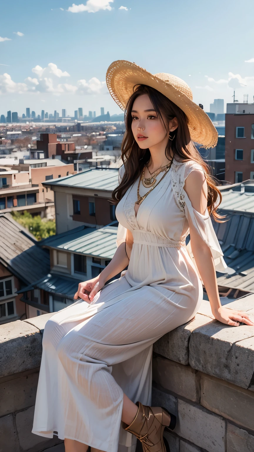 1girl, solo, breasts, brown hair, (medium breasts:1.2), standing, full body, parted lips, front view, wearing Flowy, white maxi dress with lace and crochet detailing on the bodice, brown suede ankle boots with a slight heel, Layered gold necklaces, a woven straw hat, Bright natural light, Sharp focus on the lady's face, The lady sits on a rooftop overlooking the city, The clear blue sky with fluffy clouds occupies the top third of the frame, a cool color palette with pops of color from the city skyline. Consider incorporating leading lines from buildings to draw the viewer's eye towards the lady