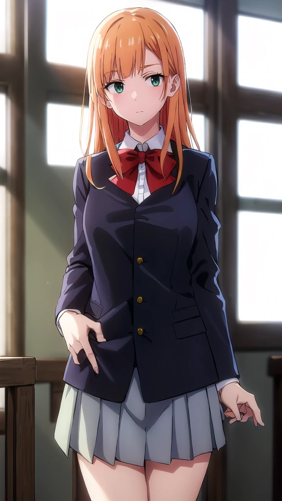 best quality,4k,8k,highres,masterpiece:1.2),umasterpiece,high quality,solo,
Orange hair, green eyes,
gray skirt, white long sleeve blouse, red bow, , green blazer, high quality, school graffiti in the background.