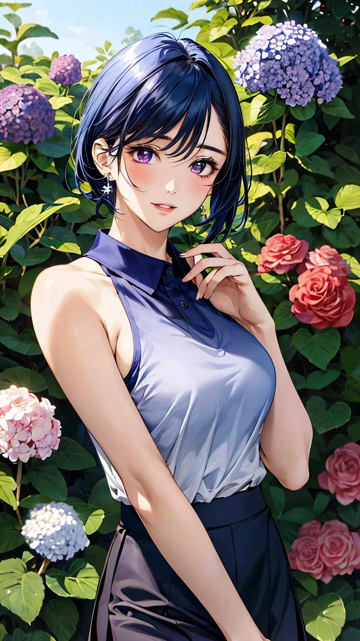 (masterpiece:1.3, top-quality, ultra high res, ultra detailed), (realistic, photorealistic:1.2), beautiful illustration, perfect lighting, natural lighting, colorful, depth of fields, ,
beautiful detailed hair, beautiful detailed face, beautiful detailed eyes, beautiful clavicle, beautiful body, beautiful chest, beautiful thigh, beautiful legs, beautiful fingers, shiny skin,
looking at viewer, 1 girl, japanese, 22 years old, (perfect anatomy, anatomically correct, super detailed skin), cute and symmetrical face, face, perfect face, perfect eyes, perfect fingers,
(middle hair:0.8, hair slicked back:1.6, royalblue hair), parted bangs, dark purple eyes, big eyes, drooping eyes, long eyelashes, faint lips, (large breasts), outstanding style,
(detailed cloth texture, break, navy blue and white sleeveless collared polo shirt, dark maroon tight skirt, ), break, necklace, earring, open shoulders,
(beautiful scenery), (flower shop, florist, rose, hydrangea, tulip, dendrobume), (flower arrangement), (lovely smile, parted lips),