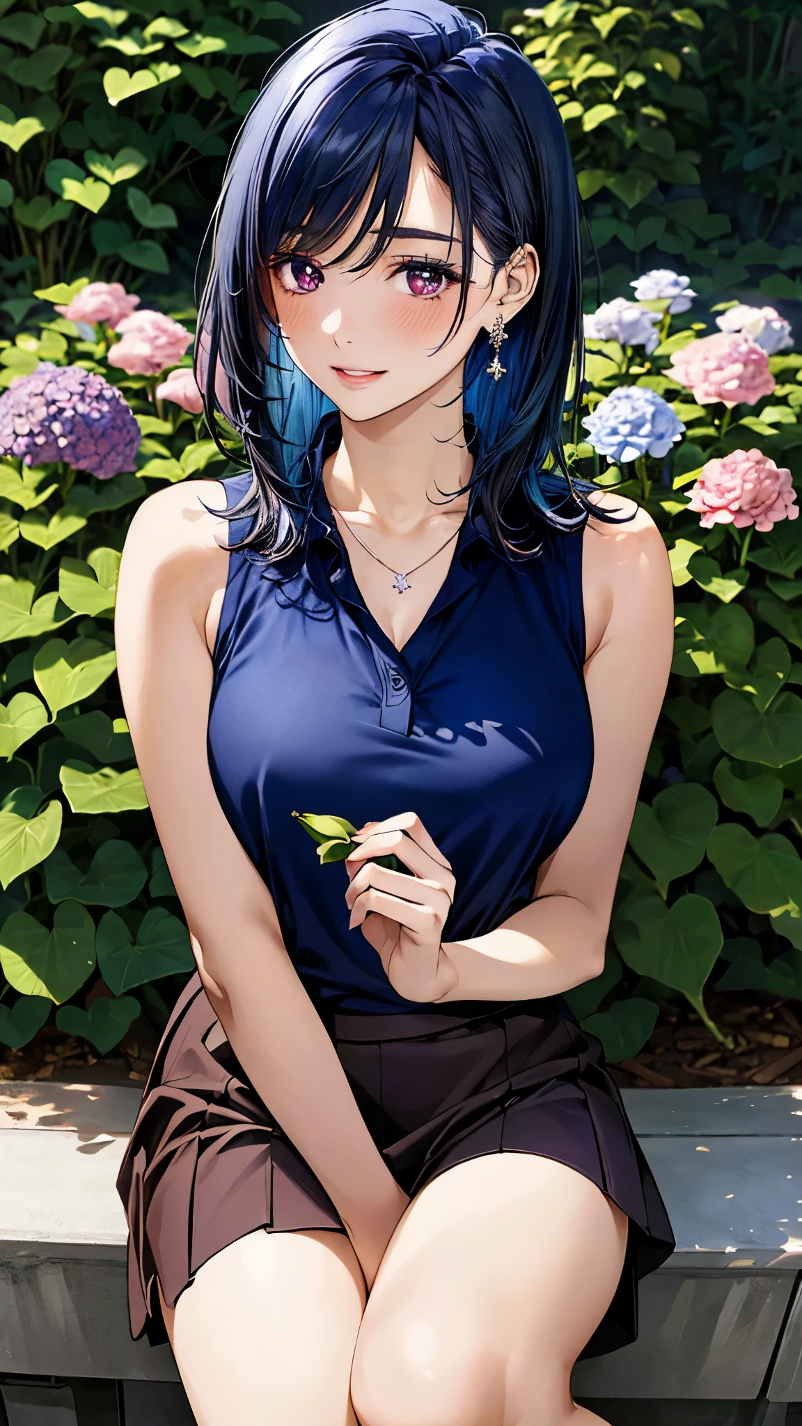 (masterpiece:1.3, top-quality, ultra high res, ultra detailed), (realistic, photorealistic:1.2), beautiful illustration, perfect lighting, natural lighting, colorful, depth of fields, , 
beautiful detailed hair, beautiful detailed face, beautiful detailed eyes, beautiful clavicle, beautiful body, beautiful chest, beautiful thigh, beautiful legs, beautiful fingers, shiny skin, 
looking at viewer, 1 girl, japanese, 22 years old, (perfect anatomy, anatomically correct, super detailed skin), cute and symmetrical face, babyface, perfect face, perfect eyes, perfect fingers,
(middle hair:0.8, hair slicked back:1.6, royalblue hair), parted bangs, dark purple eyes, big eyes, drooping eyes, long eyelashes, faint lips, (large breasts, clavicle), outstanding style, 
(detailed cloth texture, break, navy blue and white sleeveless collared polo shirt, dark maroon tight skirt, ), break, necklace, earring, open shoulders, 
(beautiful scenery), (flower shop, florist, rose, hydrangea, tulip, dendrobume), standing, (flower arrangement), (lovely smile, parted lips), 