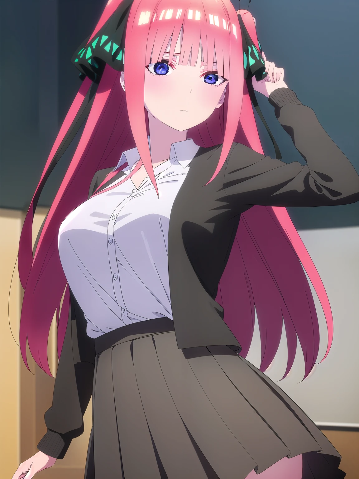 I was silent, Nino Nakano,woman１people、 Long Hair, bangs, blue eyes, hair ornaments, Hair Ribbon, Pink Hair, blunt bangs, Both sides up, butterfly hair ornaments, break skirt, shirt, Long sleeve, white shirt, Pleated skirt, Open clothes, collared shirt, Sleeves are longer than the wrist, dress shirt, cardigan, Green Skirt, open cardigan, black cardigan, break indoors,Background on the street, break looking at viewer, break (masterpiece:1.2), highest quality, High resolution, unity 8k wallpaper, (figure:0.8), (Beautiful fine details:1.6), Highly detailed face, Perfect lighting, Highly detailed CG, (Perfect hands, Perfect Anatomy),sexyポーズ、blush、View your viewers、cute、Her chest is E cup、sexy、Erotic、sexy、sex appeal、Eroticチック、Push your breasts together。Thighs、Big Tits、Oily skin、valley、胸のvalley、Seduce your audience、Watching the audience