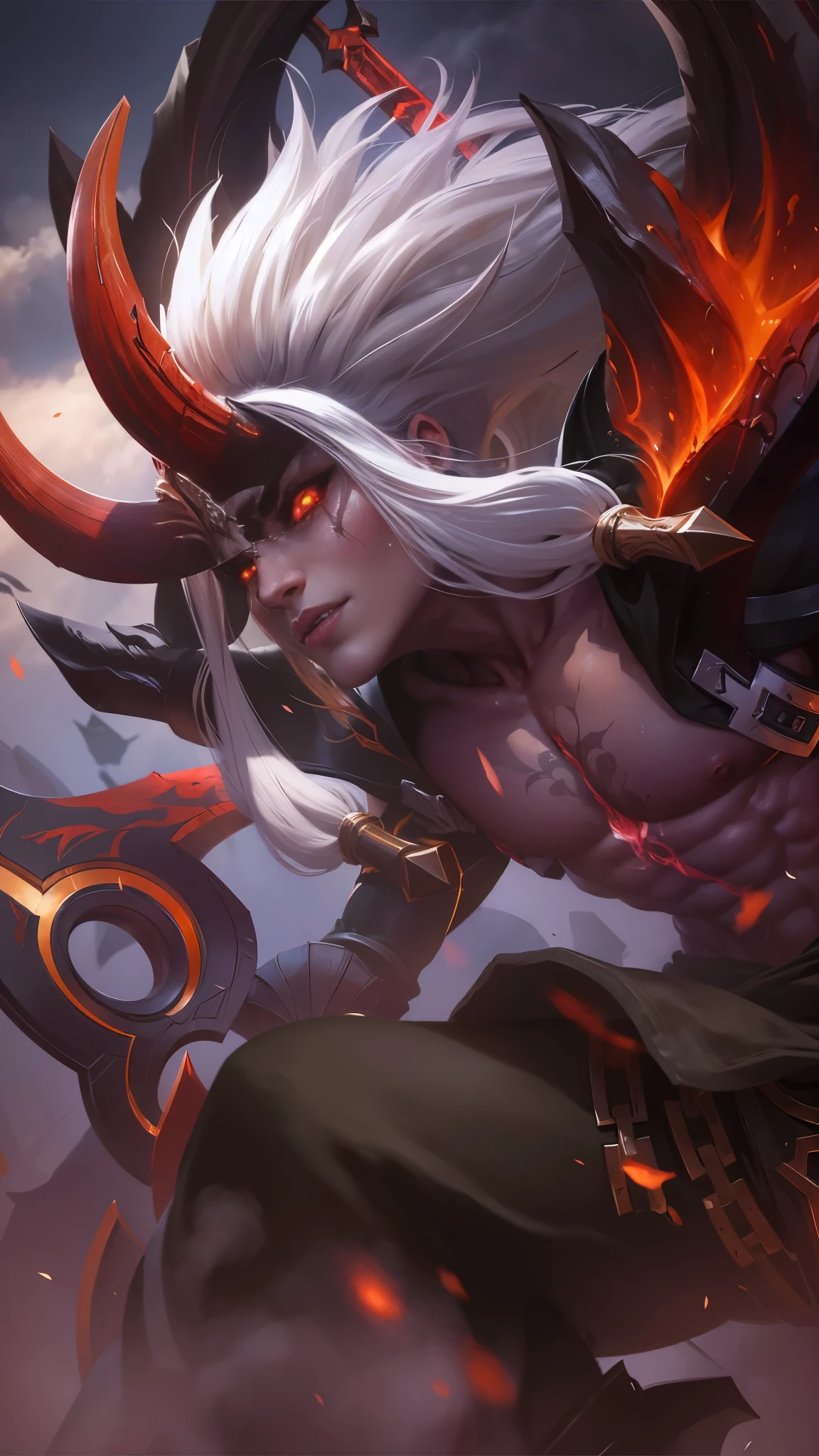 8k quality, a man with a sword in her hand, Masterpiece, ultra HD, detailed all picture, a close up of a devil, dyrroth from mobile legend, evil, extremely detailed artgerm, mobile legends character, inspired by Dyrroth, Six pack chest and abs, black jewel above the chest, light red eyes.