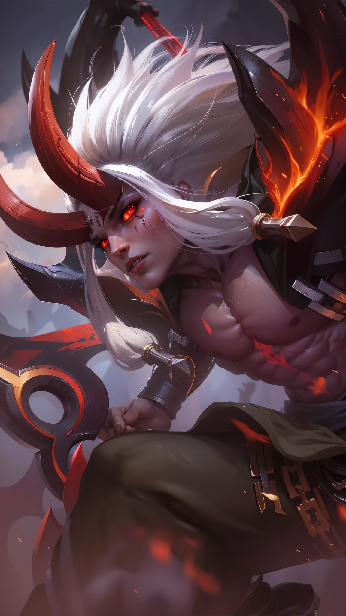 8k quality, a man with a sword in her hand, Masterpiece, ultra HD, detailed all picture, a close up of a devil, dyrroth from mobile legend, evil, extremely detailed artgerm, mobile legends character, inspired by Dyrroth, Six pack chest and abs, black jewel above the chest, light red eyes.
