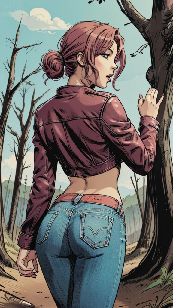 vector image, 2d cartoon,masterpiece, anime woman,gloomy orgasm, colored blush hair,jeans, leather biker jacket, blouse, horny touch herself between jeans, slap herself, sluttly pose, forest, crop-top, flirt with her back
