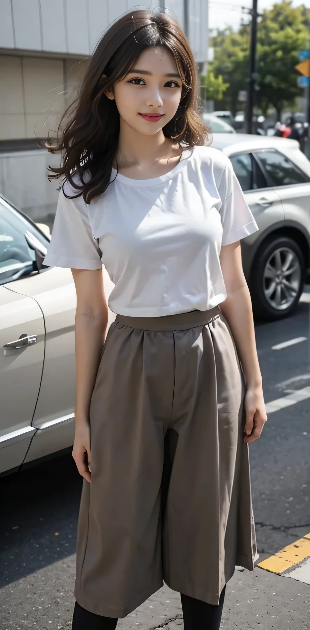 RAW photo, bokeh, (Lifelike face), smiled slightly, best quality, HDR, (photorealistic:1.6), brown and curly and messy hair, very detailed face, beautiful eyes, [chubby], adorable, full body portrait, Close-up, sharp outline, romantic, cold beauty, stylish, fashion, stylish costume, uniform, culottes, t-shirt, delicate face, brown hair fluttering in the wind, 24-year-old girl, slim figure, small bust, charisma, glamorous, standing tall.