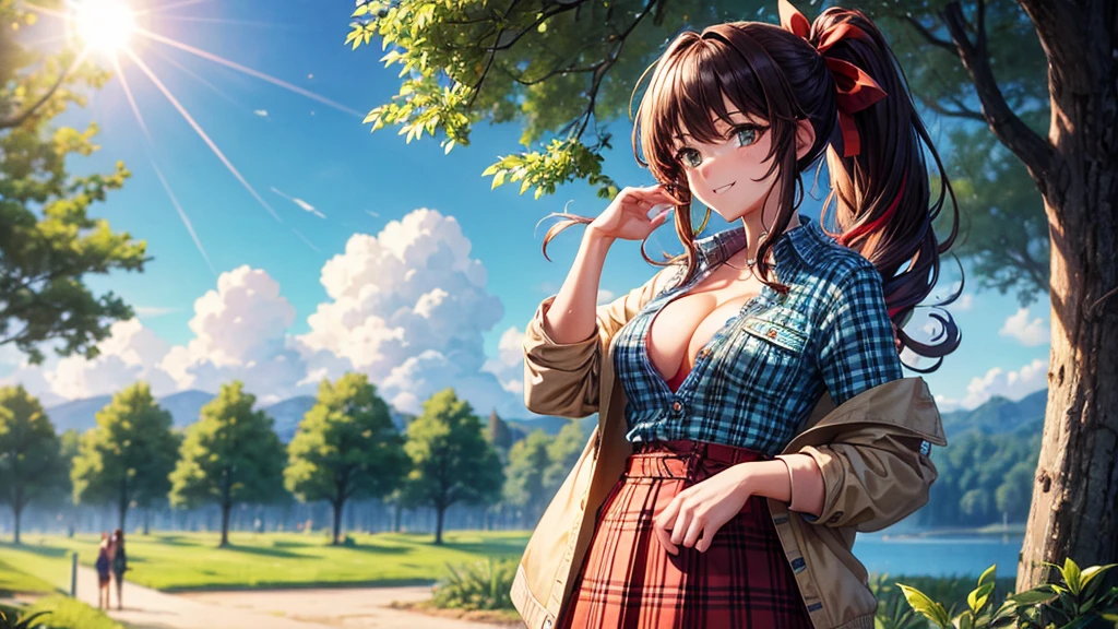 1girl, full body, summer, village, trees, sun, clouds, ((colorful hair)), long hair, curly hair, ponytail, large breasts, button down shirt, ((green checked shirt)), ((unbuttoned shirt)), unbuttoning buttons, popping buttons, cleavage 1:3, brown eyes, ((opened denim jacket)), ((red black skirt)), smile, looking at the viewer, touching neck, standng, hair ribbon, golden necklate
