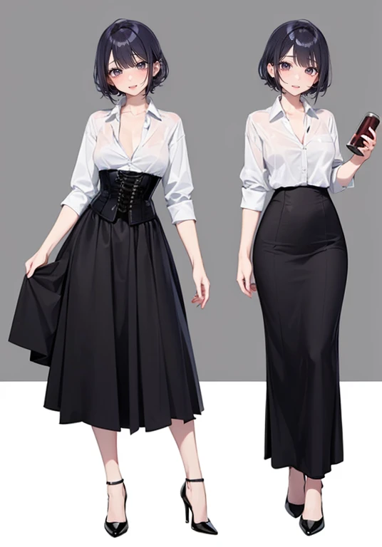 Purple hair,short hair,Adult female,(bartender),((Roll up your shirt sleeves)),(Rolling up the sleeves of his shirt),(corset),(skirt),(High heels),((Simple Background)),smile,((whole body)),((full body)),Character Sheet,