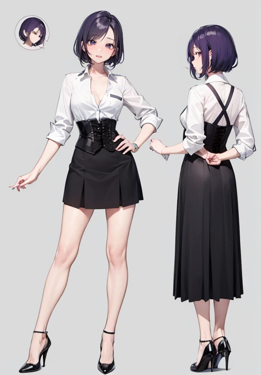 Purple hair,short hair,Adult female,(bartender),((Roll up your shirt sleeves)),(Rolling up the sleeves of his shirt),(corset),(skirt),(High heels),((Simple Background)),smile,((whole body)),((full body)),Character Sheet,