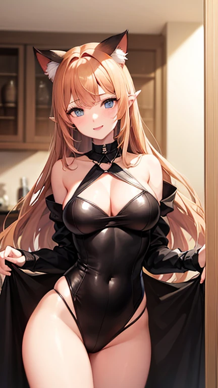 Jeune femme de 25 ans, visage fin, cheveux long, yeux marrons, HD, 8K, masterpiece, sourire romantique, sexy, costume de chat, full cat suit, oreilles de chat, queue de chat