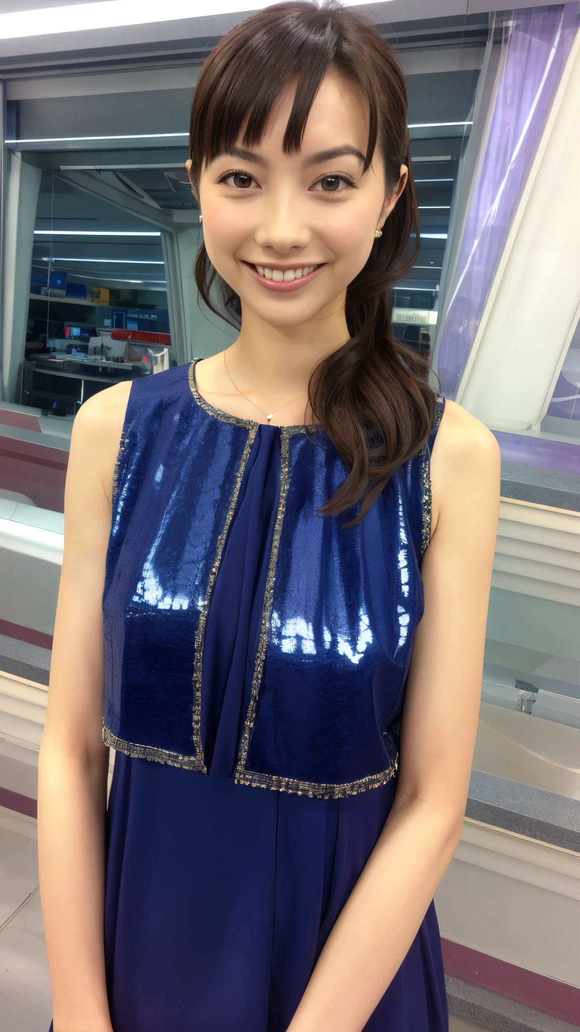 One girl,(Wearing a sparkling sleeveless evening dress),(RAW Photos, highest quality), (Realistic, photo-Realistic:1.4), masterpiece, Very delicate and beautiful, Very detailed, 2k wallpaper, wonderful, In detail, Very detailed CG unity 8k wallpaper, Very detailedな, High resolution, Soft Light, Beautiful detailed girl, Very detailed eyes and face, Beautifully detailed nose, Beautiful fine details,Cinema Lighting,City lights at night,Perfect ???????,Slender body,smile
