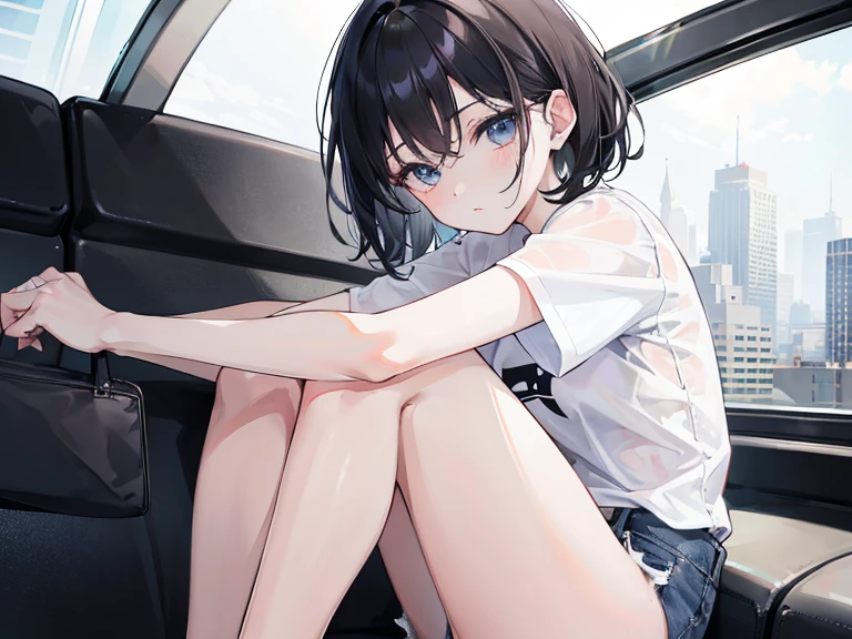 absurdres, high res, ultrasharp, 8K, masterpiece, looking at viewer, 1girl, short black hair, wearing plain white shirt, denim shorts, city