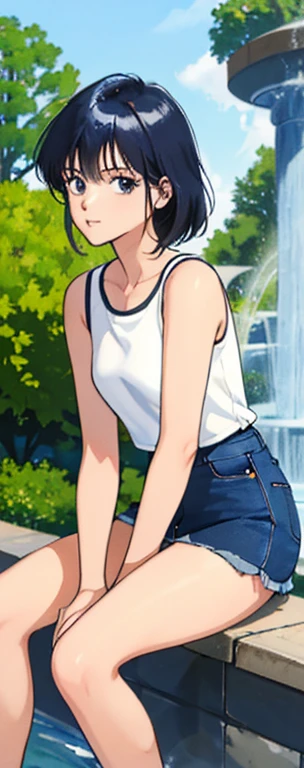 Madoka Ayukawa assise, dans une pose langoureuse, sur le rebord d'une fontaine dans un parc, dressed in a tight mini denim skirt and a very short sleeveless t-shirt . Ses longs cheveux noirs balayés par la brise.