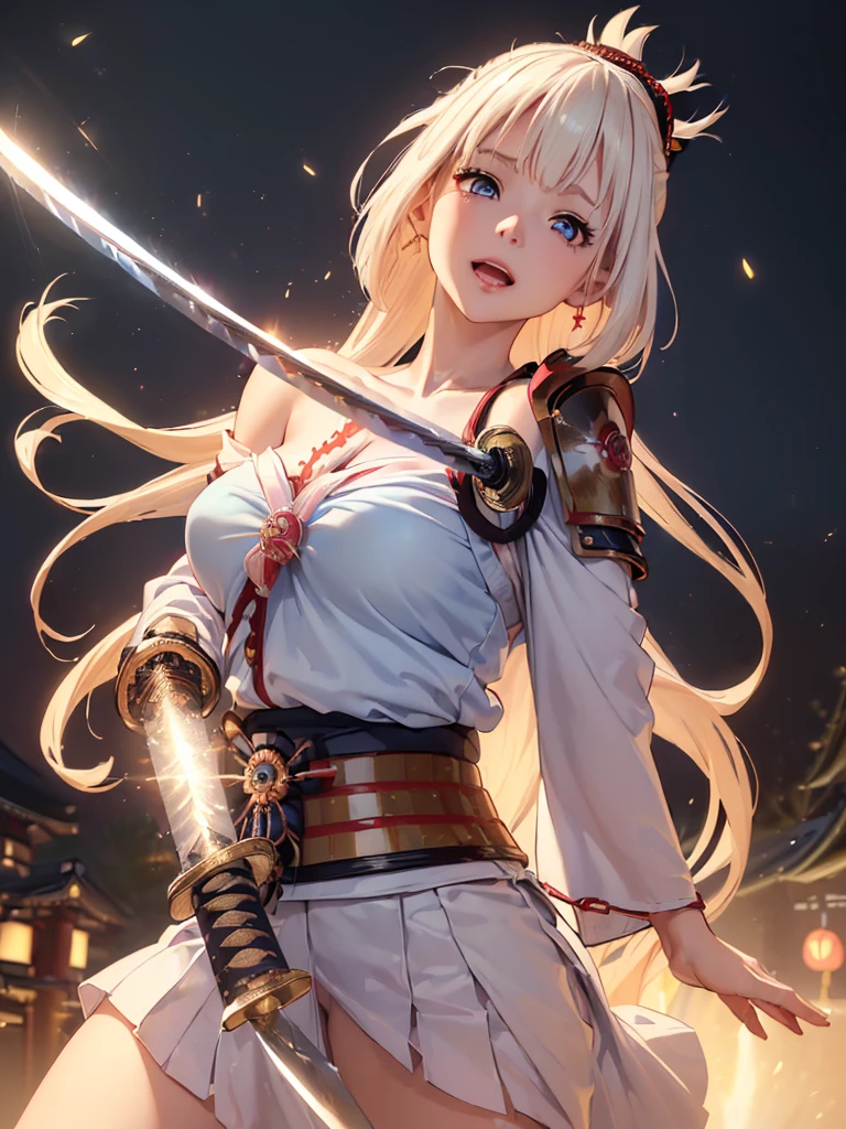 Very detailed CG Unity 8K wallpaper, Cute One lady, Mature Hair、lady ,beautiful lady, pale skin (Super masterpiece, Beautiful person, well detailed face polluted smile, Photorealistic, hyper realisitic),
(Japan Samurai full Armor:1.5)、(samurai:1.5)、(Japan Pulling the sword out of its sheath:1.4)、(Holding the handle of a Japanese sword:1.8)
Japanese castle background、Portrait、Daytime、(The bright light from the front of her:1.7)、
(large breast :1.40)、(Glowing Skin:1.3)、
Detailed eyes、Big eyes、Open your mouth a little、Hide your arms、(Laugh cutely:1.1)、Very cute face、
Blonde、Long Hair、(Light blue glowing eyes:1.4)、Pink Lips、
((Off the shoulder、Shoulder Bare))、(Bare your chest:1.0)