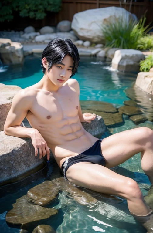 1. Boy、Beautiful boy、18-year-old、Japan boys、Black Hair、hot spring、Immerse,rock、stand、Leg spread