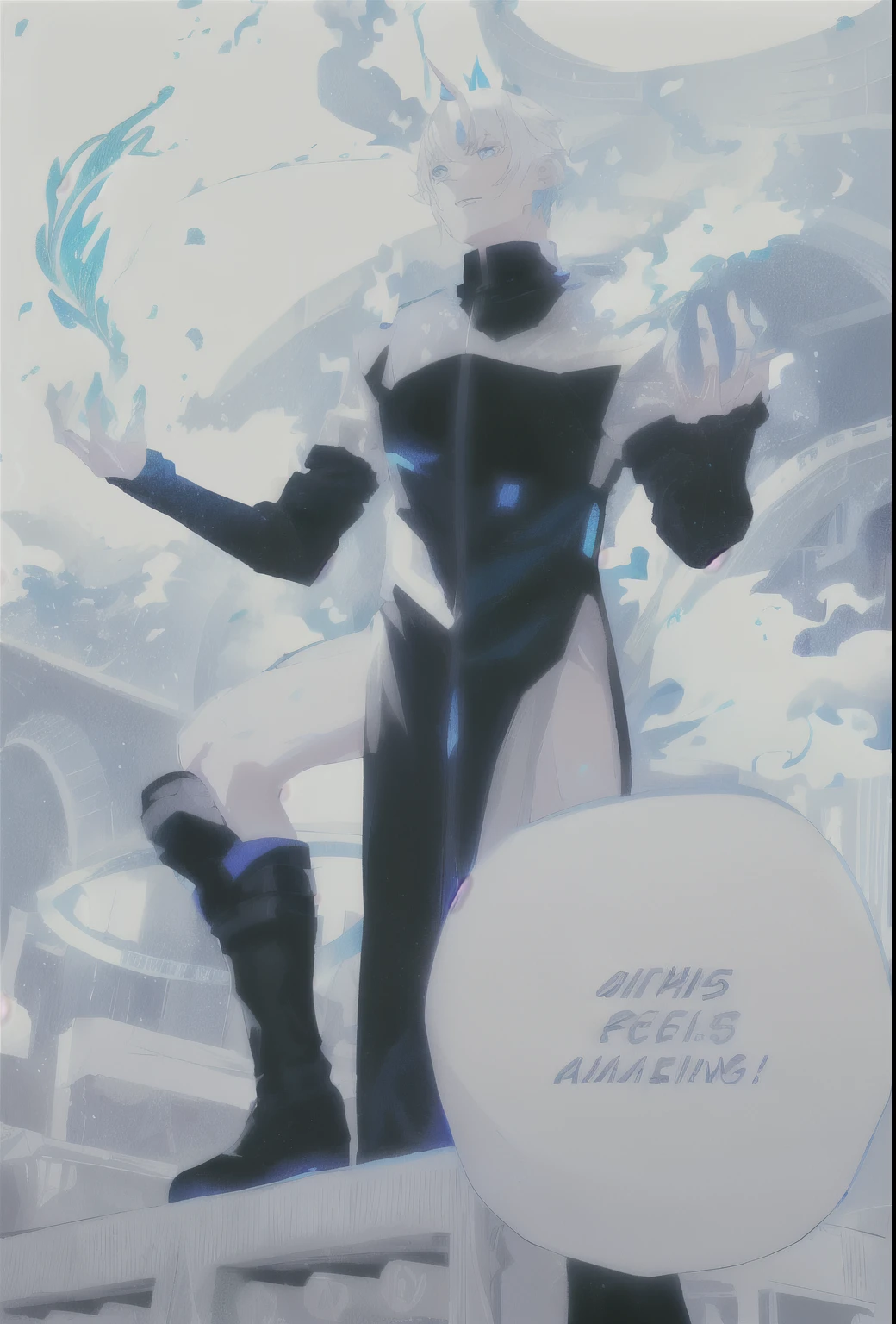 1man,very short hair, white hair, blue eyes, pale skin, black dress, black boots, night background, blue flames horns, anime coloring 