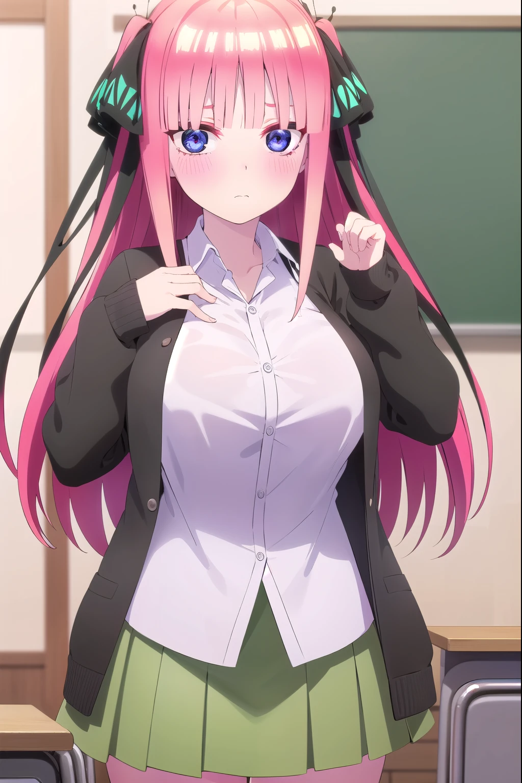 I was silent, Nino Nakano,woman1people、 Long Hair, bangs, blue eyes, hair ornaments, Hair Ribbon, Pink Hair, blunt bangs, Both sides up, butterfly hair ornaments, break skirt, shirt, Long sleeve, white shirt, Pleated skirt, Open clothes, collared shirt, Sleeves are longer than the wrist, dress shirt, cardigan, Green Skirt, open cardigan, black cardigan, break indoors, classroom, break looking at viewer, break (masterpiece:1.2), highest quality, High resolution, unity 8k wallpaper, (figure:0.8), (Beautiful fine details:1.6), Highly detailed face, Perfect lighting, Highly detailed CG, (Perfect hands, Perfect Anatomy),sexyポーズ、blush、View your viewers、cute、Her chest is E cup、sexy、Erotic、sexy、sex appeal、Eroticチック、Push your breasts together。Thighs、Big Tits、Oily skin、valley、胸のvalley、Seduce your audience