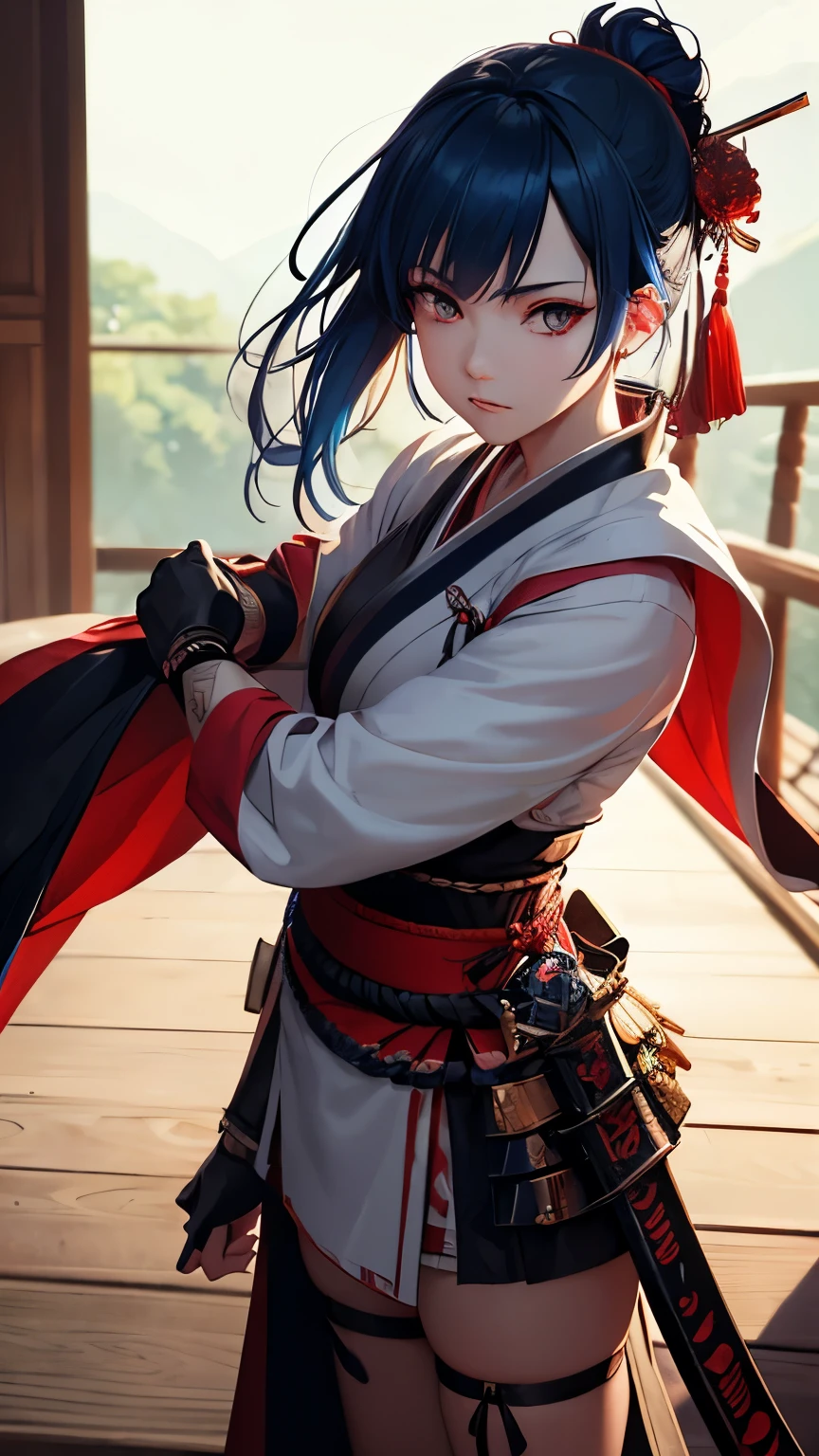 masterpiece, highest quality, Very detailed, CG illustration, High resolution, Better lighting, Best Shadow, Very delicate and beautiful, Proper shading, High resolution, 8k, Ray Tracing, Highly detailed and crisp backgrounds, Perfect lighting, Anime Style, game「Magic Swordsman」Inspired by: House of Ruby (Mountain god, Aggressive, Red and white colors), strength, Samurai Punk, alone, 1 female, Blue Hair, Red eyes, Adult, Obi tassel,