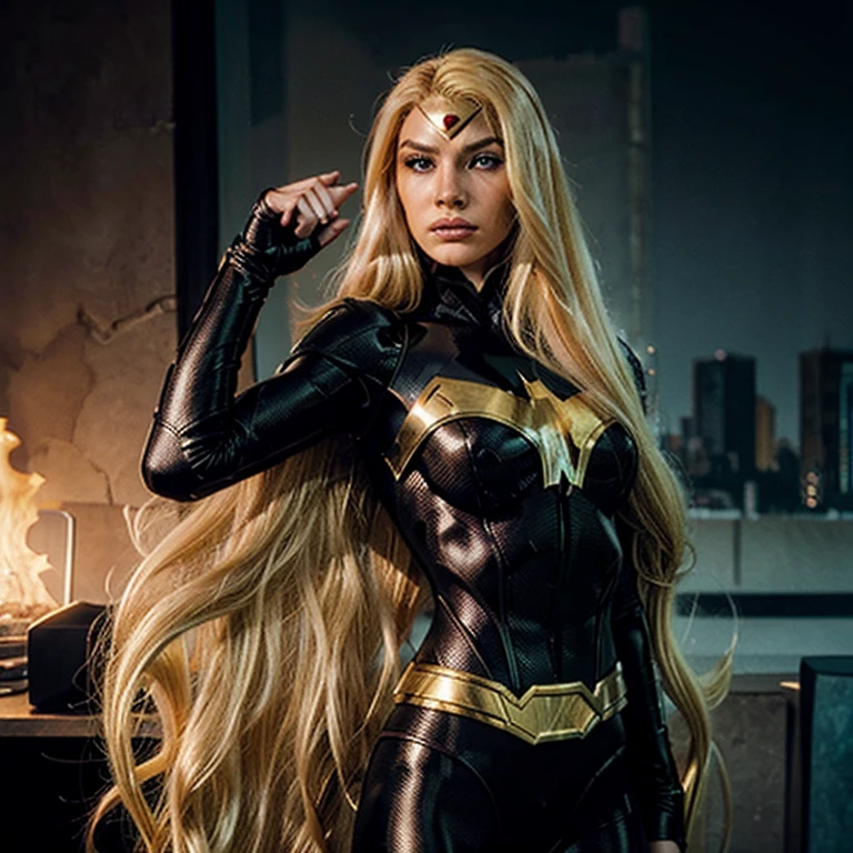 Mulher, Super villain with very long blonde hair, heroic pose, olhos castanhos 