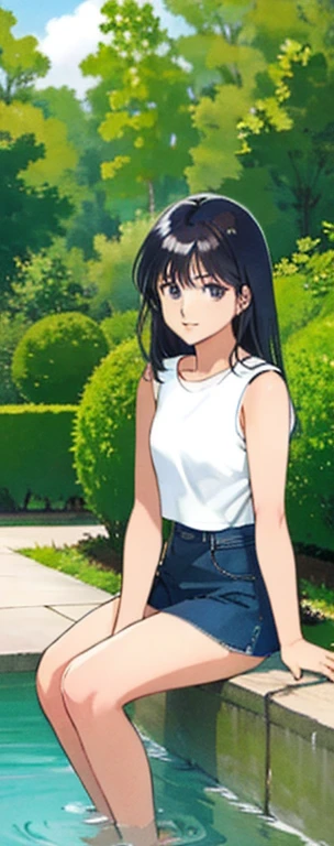 Madoka Ayukawa assise, dans une pose langoureuse, sur le rebord d'une fontaine dans un parc, dressed in a tight mini denim skirt and a very short sleeveless t-shirt, her long hair loose.