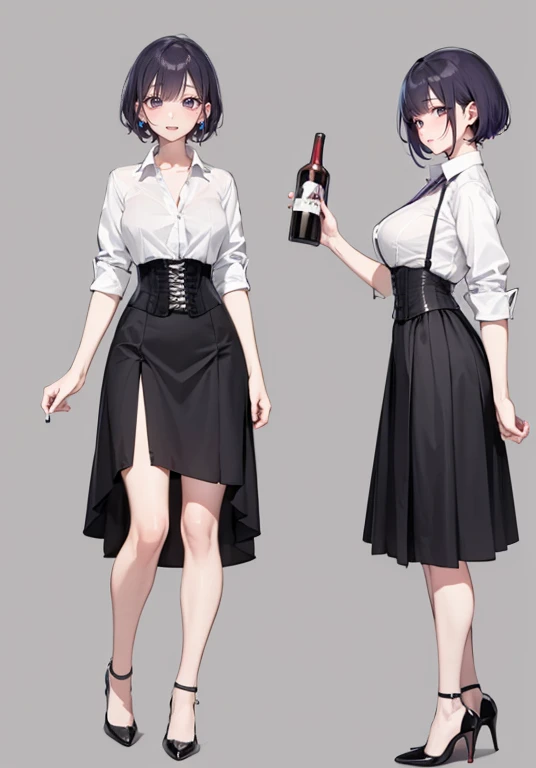 Purple hair,short hair,Adult female,(bartender),((Roll up your shirt sleeves)),(Rolling up the sleeves of his shirt),(corset),(skirt),(High heels),((Simple Background)),smile,((whole body)),((full body)),Character Sheet,