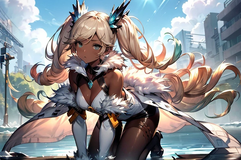 Iooiklas,Platinum Blonde Hair,Twin tails, hair ornaments, White Dress, Black knee socks, Removable sleeves,Complex eyes,Beautiful fine details,Symmetrical eyes,Big eyes:1.5,Seductive eyes, (((dark skin,dark_skin,lustrous skin:1.5,bright skin: 1.5, skin tanned, shiny skin,very shiny skin,Shiny body,plastic glitter skin,exaggerated shiny skin,illuminated skin))), (,Detailed body,(Detailed face)), cute,Lewd,erotic,Bold,Camel toe Revealing clothing,show skin,(((Sexy aqua fur coat, Aqua fur coat outfit, wearing a Ice Dress:1.3,aqua 冬 coat))), ((Ice Dress,elegant Ice Dress)), (White gloves,White clothes,(((Complex outfit,Complicated clothes,Embroidered costume,Glamorous costumes,Embroidered clothes, Glamorous clothing))),skinsuit, Bodysuits, pantyhose, High resolution,Sharp focus,(Super detailed,Very detailed),(Very detailed CG unity 8k wallpaper), (((Vibrant colors))),Laughter,Open your mouth,all fours, ,dynamic pose,whole body,from side, leaning forward,Beyond the Clouds, Surrounded by water, reflection,Breathtakingly beautiful clouds,