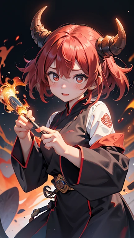 Create an image of a female Lava Demon with a terrifying and mysterious atmosphere。She looks like she came from a burning hell.、Has red/orange lava skin and fiery hair。Her eyes were burning with fire、深みのある暗い色inあり、That gaze is terrifying。Her body is muscular々in、Powerful yet beautiful curves、Her clothing and accessories are of a fire-like hue.。Her hands are sharp、The claws appear to be chipping away at red-hot rock.。Her background is、灼熱の地獄のような場所inあり、炎や溶岩が周囲を包み込んinいます。Her poses and facial expressions are、It represents her power and fear.、At the same time, it also suggests a mysterious element hidden within her.。The generated image is、ファンタジーアートやホラーのイラストとして活用されることがinきるように、魅力的in迫力のあるものinあることが望まれます。
