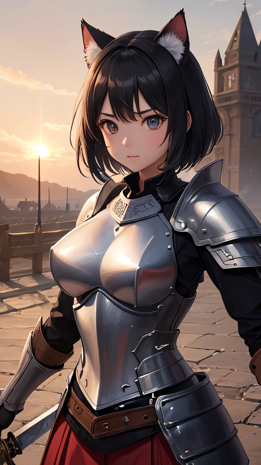 ((Highest quality))、((8K))、((Adventurer))、woman、Big eyes、Double、Soft、大人のwoman、whole body、、（armor）、((whole bodyarmor))、Cat ear、Black Hair、Short Hair、((sword))、Uplifting、((battlefield))、Big Breasts、Abdominal muscleuscle、Long skirt、((Medieval Europe))、Fantasy、In combat、muscle、battlefield、war、
