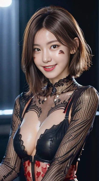 ((Realistic lighting, highest quality, 8k, masterpiece: 1.3)), Clear focus: 1.2, 1 girl, Perfect body beauty: 1.4, Slim Abs: 1.1, ((Dark brown hair,short hair,waved her hand, Big Breasts: 1.3)), (Finished with body paint,Dark Red Semi-Transparent Lace Catsuit: 1.4), (Seaside, noon: 1.1),Body Paint Dresses, whole body, Long legs, Highly detailed face, Beautiful Eyes, double eyelid,Captivating smile,No face paint,A refreshing smile